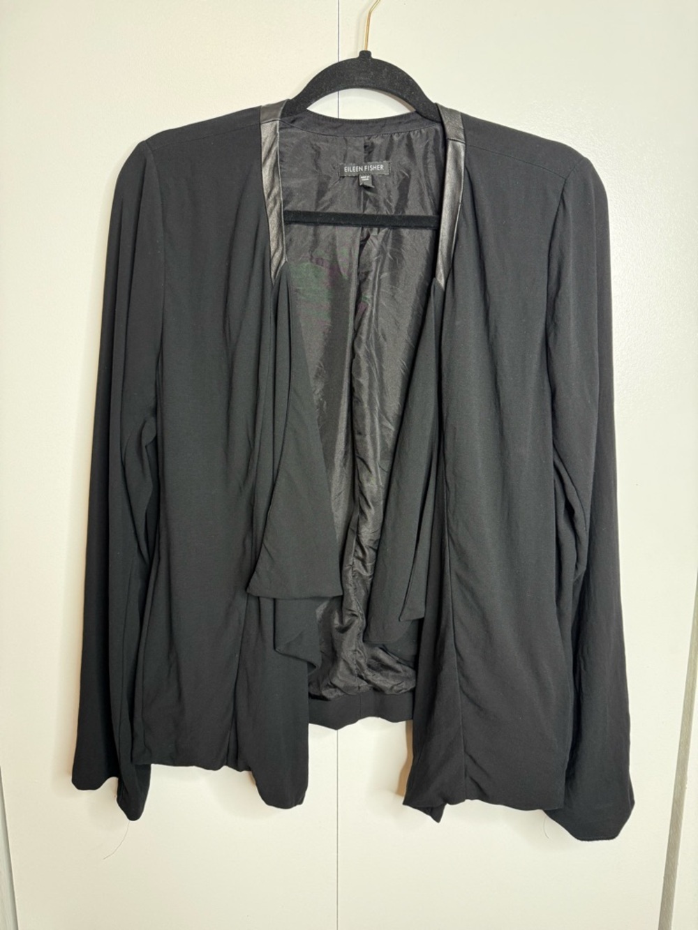 Eileen Fisher Georgette Crepe Jacket Womens Large Black Silk Leather - Picture 2 of 9